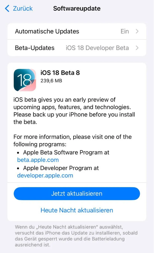 北林苹果手机维修分享苹果 iOS / iPadOS 18 开发者预览版 Beta 8 发布 